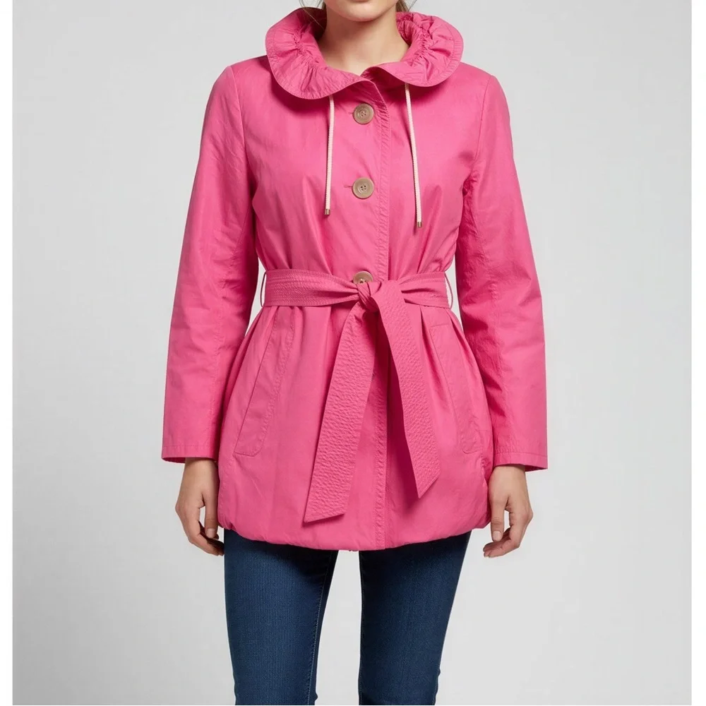 J. Crew Trench Coat Hot Pink Lightweight Lined Belted Ruffled Collar L EUC